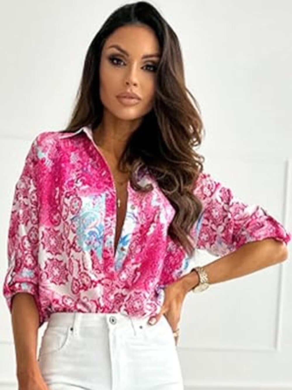 Rose Baroque Floral Roll-tab Sleeve Shirt (S-L)